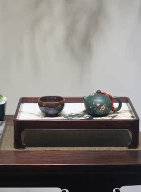 大红酸枝茶室陈列镶嵌云石榫卯结构明式线条款干泡台高脚托盘底座