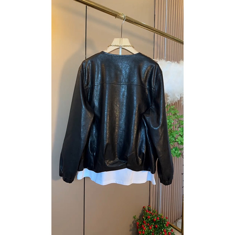 秋季大码女装新款高级感PU外套时尚长袖纯色开衫百搭遮肉外衣圆领,淘宝优惠券,粉丝福利购,淘宝优惠卷