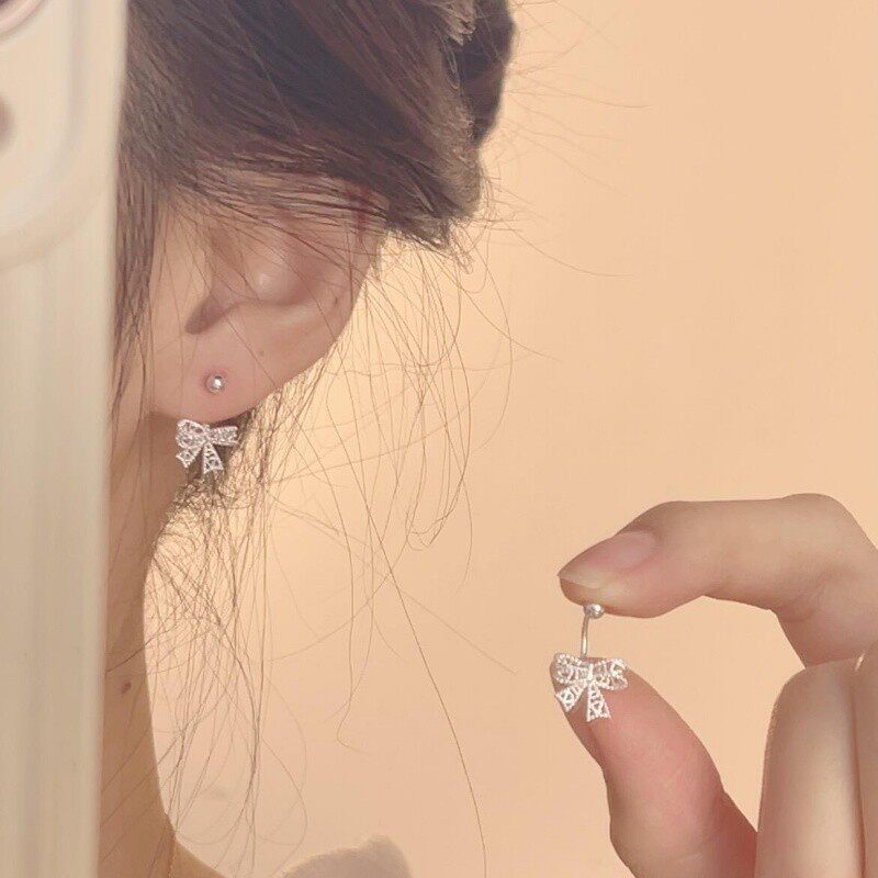 S925纯银镂空蝴蝶结耳钉2025爆款轻奢高级感耳环女螺丝拧防丢耳饰