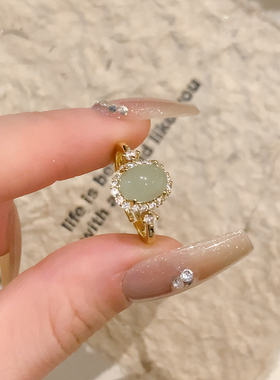 铜镀银冰透仿绿玉髓戒指女新中式