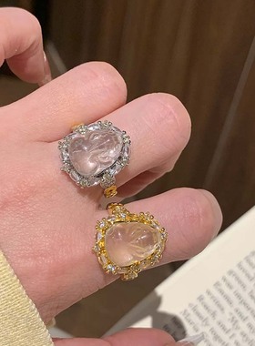 冰透仿白玉髓金钱貔貅戒指女国风