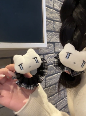 可爱卡通小猫格子发圈女韩系