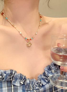 春季彩色玛瑙太阳花天然石串珠叠戴项链女高级感小众锁骨链颈链