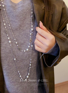 双层叠戴珍珠长款毛衣链轻奢高级感大气高档百搭长款项链配饰女