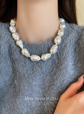 巴洛克异形不规则大珍珠项链夸张颈链轻奢小众毛衣链锁骨链配饰女