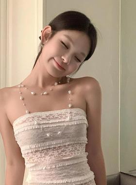 多层珍珠配裙子项链女轻奢小众高级感海边颈链长款叠戴配饰锁骨链