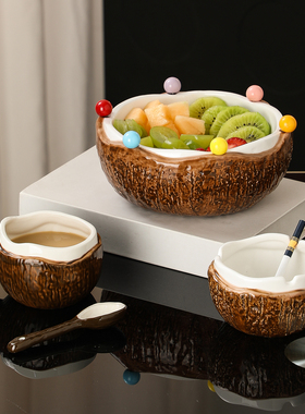 椰壳陶瓷果盘不锈钢叉乔迁送礼