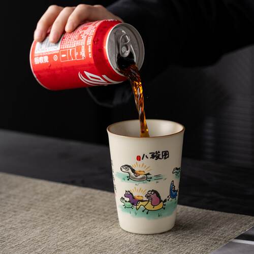 八骏图汝窑茶杯开片可养茶盘摆件大号主人杯国风品茗杯搞怪可乐杯 - 图2