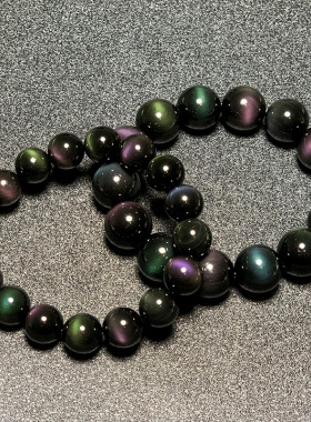 天然黑曜石彩虹眼手串情侣款水晶饰品礼物本命年猫眼圆珠单圈手链