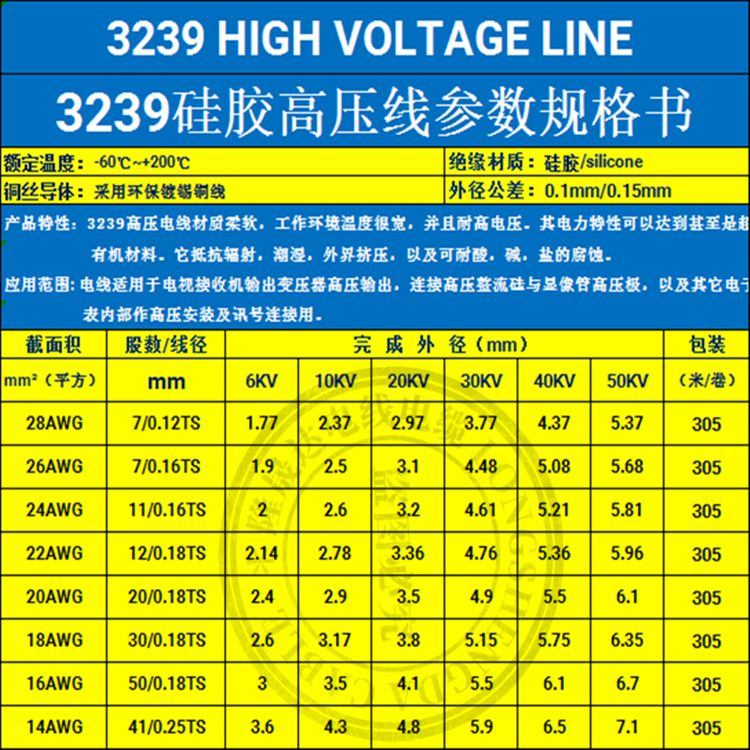 硅胶高压线UL3239-26 22 20 18 14AWG 6KV10KV20KV30KV40KV50KVDC-图1