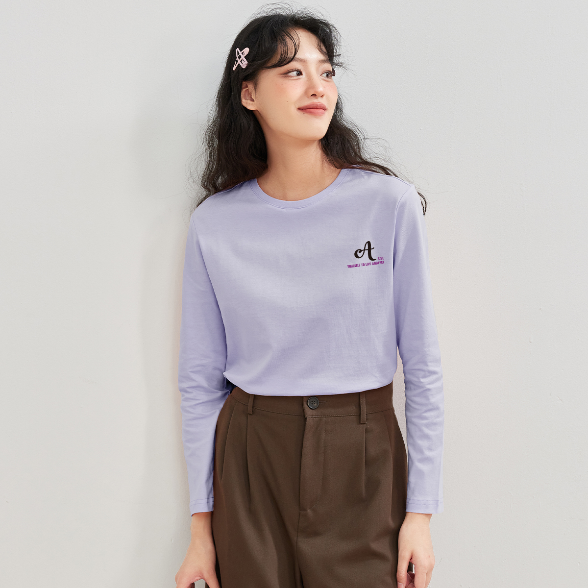 真维斯Z+女装 纯棉正肩显瘦圆领设计感印花长袖t恤X