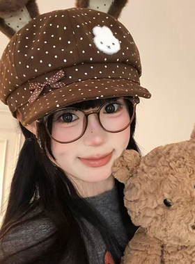 帽子女款2026新款兔耳朵贝雷帽春秋百搭显脸小文艺八角帽韩版女帽