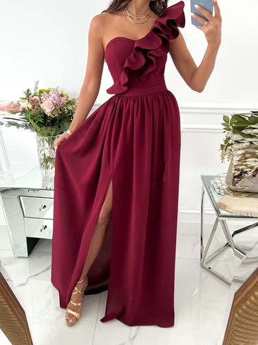 Off-Shoulder Ruffle Hem Slit Dress露肩荷叶边下摆开叉连衣长裙 - 图1