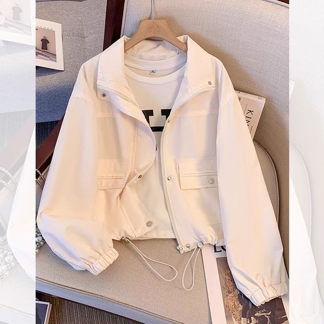 Pink hem drawstring stand collar baseball uniform casual jacket Pink hem drawstring stand collar baseball uniform casual jacket