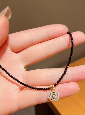 法式优雅锆石玫瑰黑色水晶项链