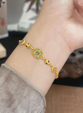 新中式古法金色格桑花手链女双面珐琅彩工艺金店同款新年国潮手饰