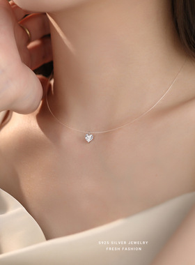 JXRXs925纯银爱心项链女隐形鱼线颈链锁骨链适合夏天戴的脖子配饰