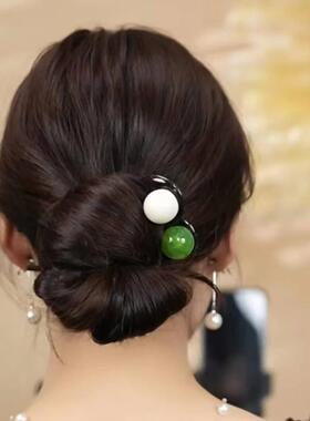 简约珠珠三齿发簪新中式日常通勤女后脑勺丸子头盘发神器发钗簪子