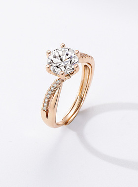 跨境直播热销轻奢风香槟金戒指女时尚个性微镶扭臂六爪两克拉指环