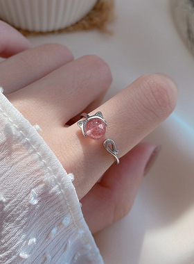 s925纯银小猫戒指女简约猫咪甜美草莓晶小清新开口食指戒子