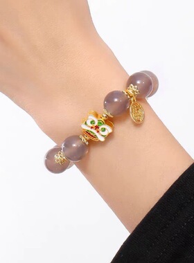 潮时尚手链摸摸狮子头天然烟紫红玛瑙玉髓淡水珍珠手链女吊坠手链
