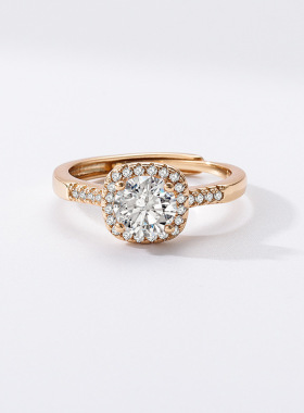 跨境直播热销一克拉公主方糖方包戒指香槟真金女轻奢时尚气质饰品