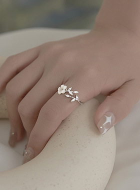 s925纯银花朵树叶戒指女开口指环食指饰贝壳食指戒小众设计
