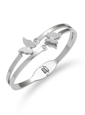 钛钢手镯女欧美个性蝴蝶开口弹簧镶钻不锈钢手镯心形跨境手环饰品