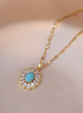 项链女 欧美ins镶嵌白锆石松花石花朵吊坠不掉色闪钻小众饰品项链