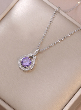 项链女跨境网红紫色锆石几何小众时尚新款设计感吊坠气质钛钢项链