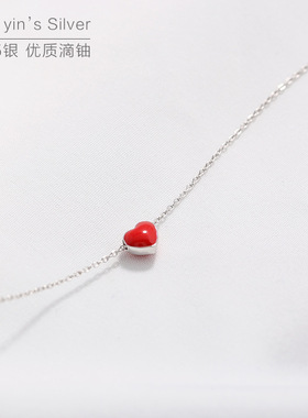 清新甜美可爱心形项链 925纯银红色桃心项链女韩国时尚锁骨链