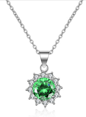 抖音跨境热销新款彩宝太阳花项链吊坠 两克拉镀银坠子 女士锁骨链