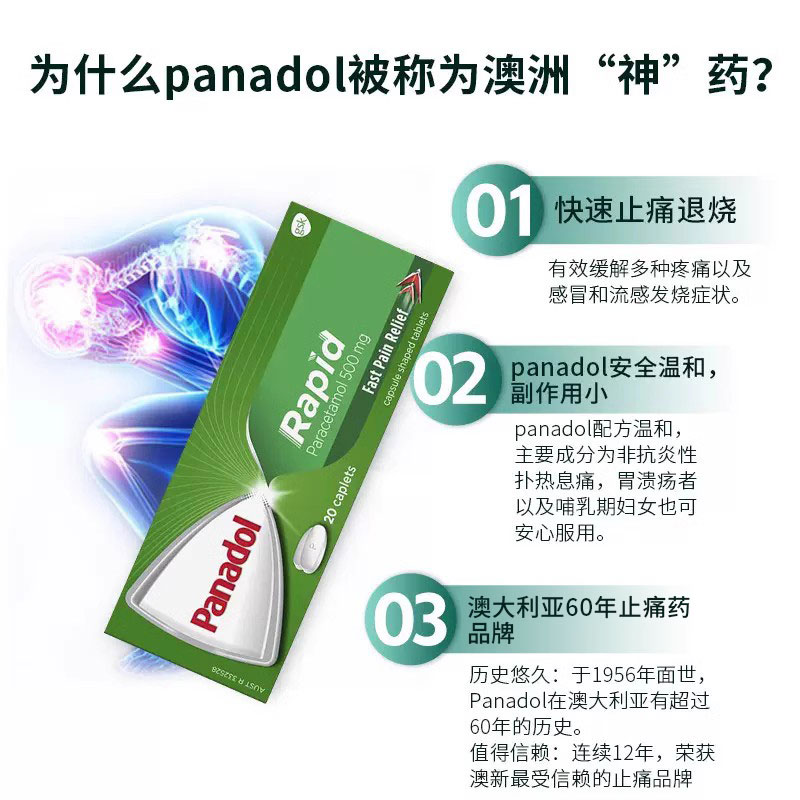 Panadol必理痛扑热息痛对乙酰氨基酚快速退烧感冒药必理通20粒 - 图2