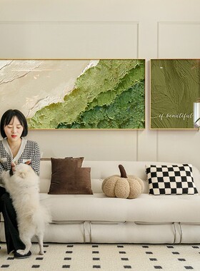 奶油风装饰画客厅沙发背景墙挂画现代简约绿色肌理感抽象两联壁画