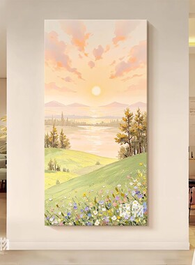 绿色山野风景肌理纯手绘油画客厅日出东方装饰画玄关走廊过道挂画