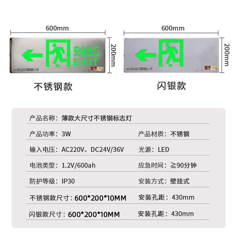 不锈钢600*200安全出口应急指示牌大尺寸商超消防疏散led标志灯 - 图1