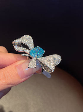 高碳钻冰花切蝴蝶结帕拉伊巴纯银镀18K金戒指 豪华满镶