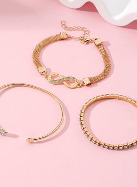 欧美小众无穷8字手链百搭爱心开口手镯镶钻无限符号合金3件套装女