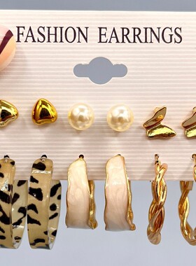 XP17 复古金色几何女士耳环套装时尚珍珠圆形耳圈耳饰earringsset