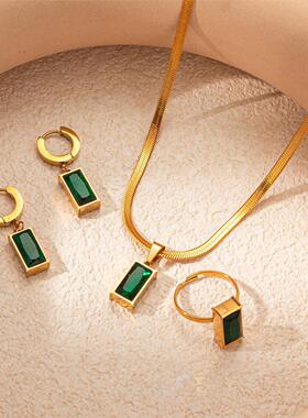 欧美项链首饰套装钛钢不易掉色项链高品质首饰耳环绿宝石首饰套装