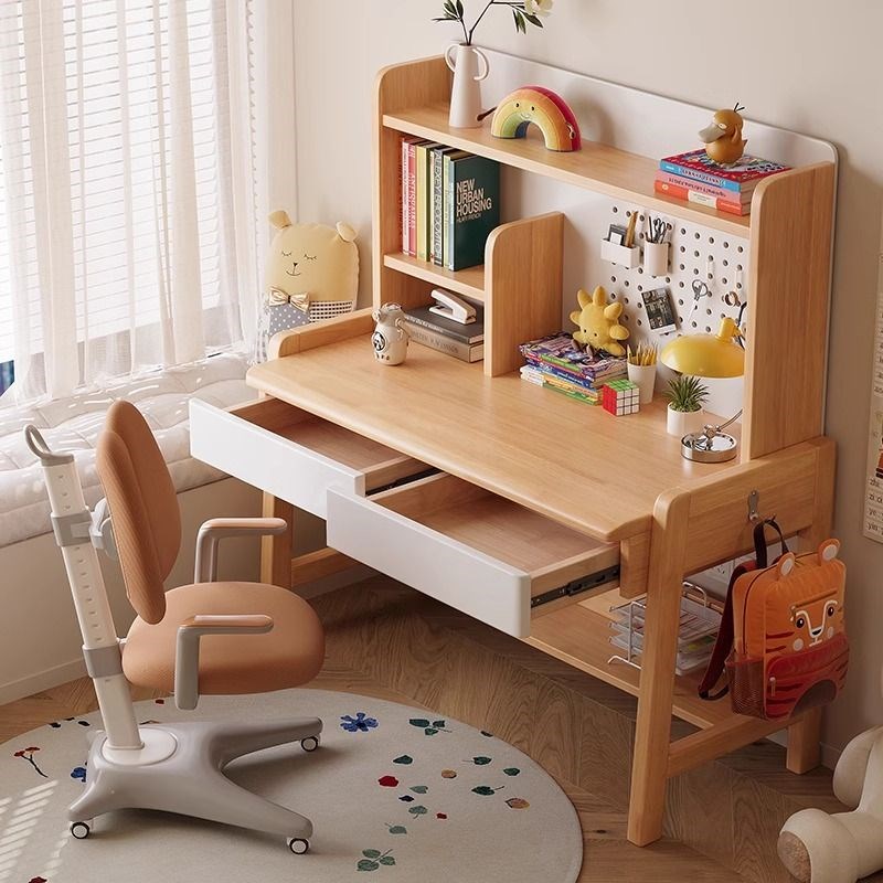 实木儿童学习桌家用带洞洞板书桌书架一体卧室学生写字桌子电脑桌 - 图0