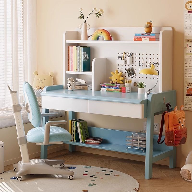 实木儿童学习桌家用带洞洞板书桌书架一体卧室学生写字桌子电脑桌 - 图2
