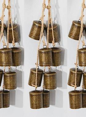 热卖复古牛铃铁皮筒麻绳铃铛串圣诞节家居装饰壁挂铃铛