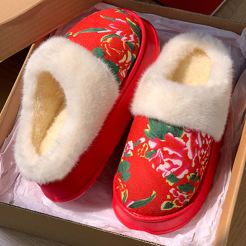 酷如意东北大花棉拖鞋秋冬季室内居家红色喜庆情侣鸳鸯色毛绒拖鞋 - 图2