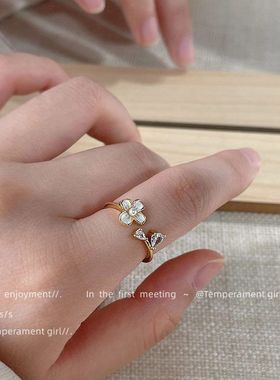 森系超仙~微镶锆石镀14K花朵戒指 开口可调节食指戒 尾戒小饰品厂