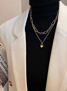 2025年钛钢心锁设计感爱心双层项链轻奢ins小众高级感锁骨颈链女