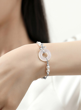 paraskors白玉髓珍珠平安扣手链