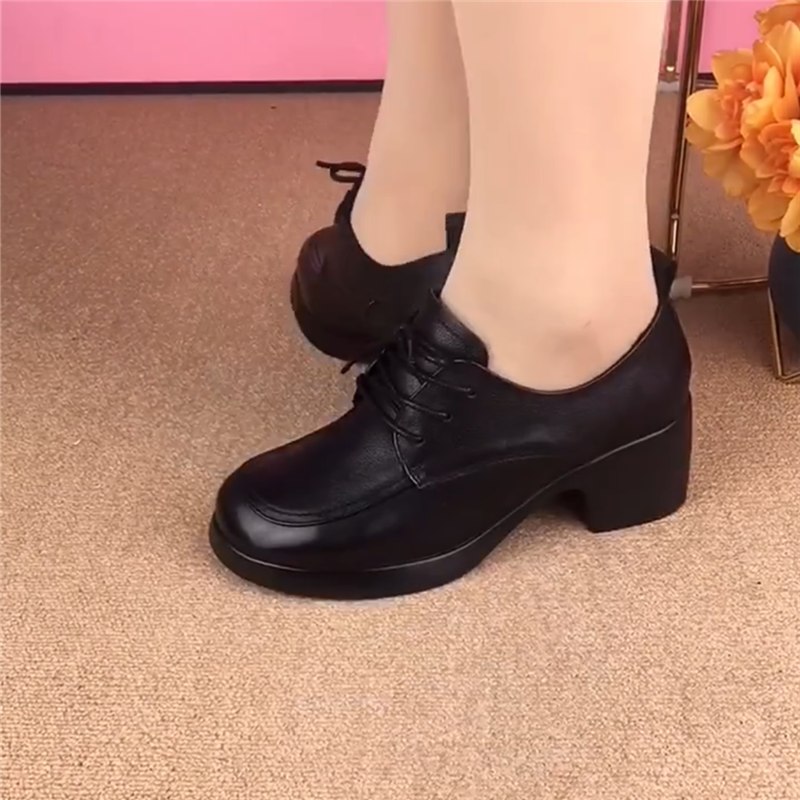 单鞋女真皮圆头深口小皮鞋女系带粗跟头层牛皮休闲复古软底妈妈鞋,淘宝优惠券,粉丝福利购,淘宝优惠卷