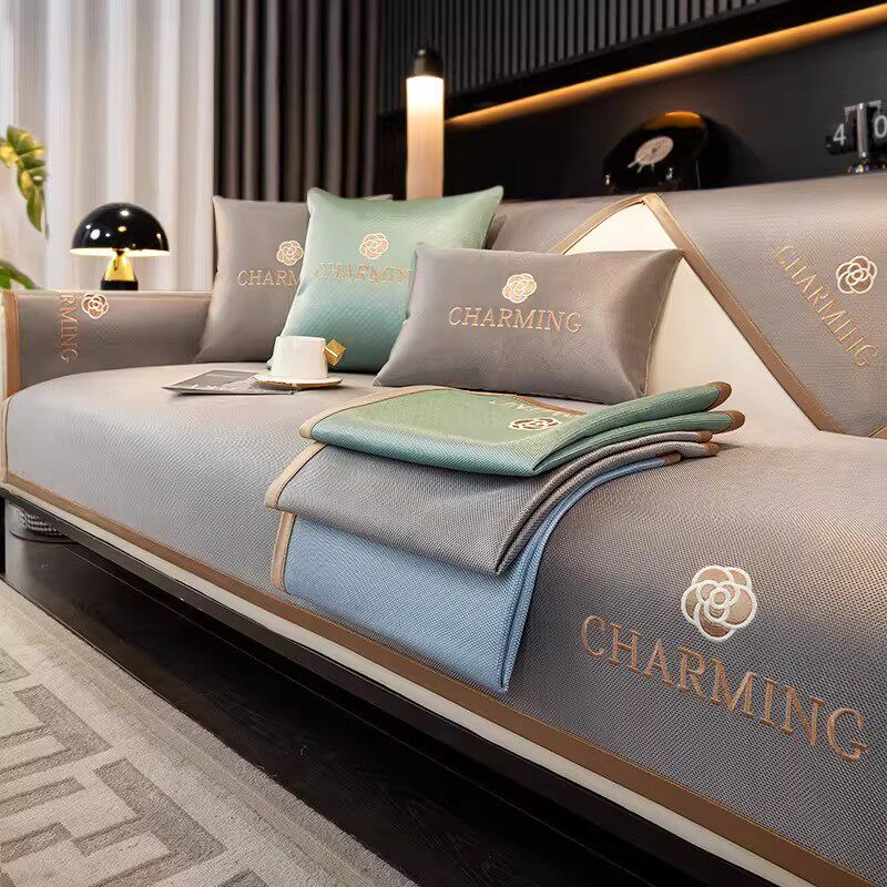 日本进口冰丝沙发垫夏季现代高端沙发套罩防滑凉席坐垫子冷感盖布