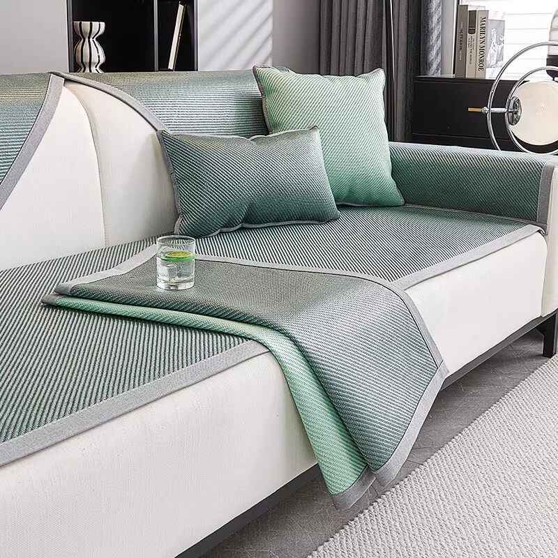 日本进口夏季冰藤席沙发垫新款轻奢高级感凉席坐垫冰丝防滑皮套罩